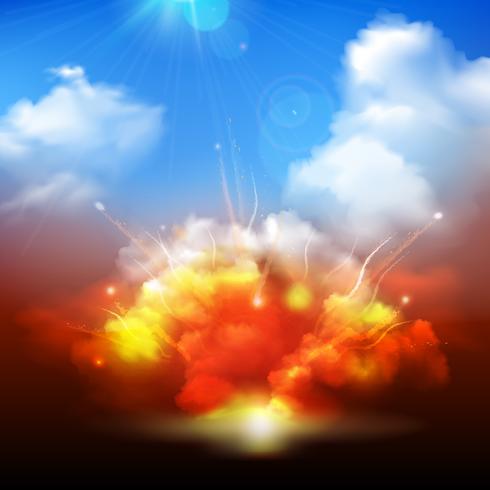 Explosiewolken en blauwe hemelbanner vector