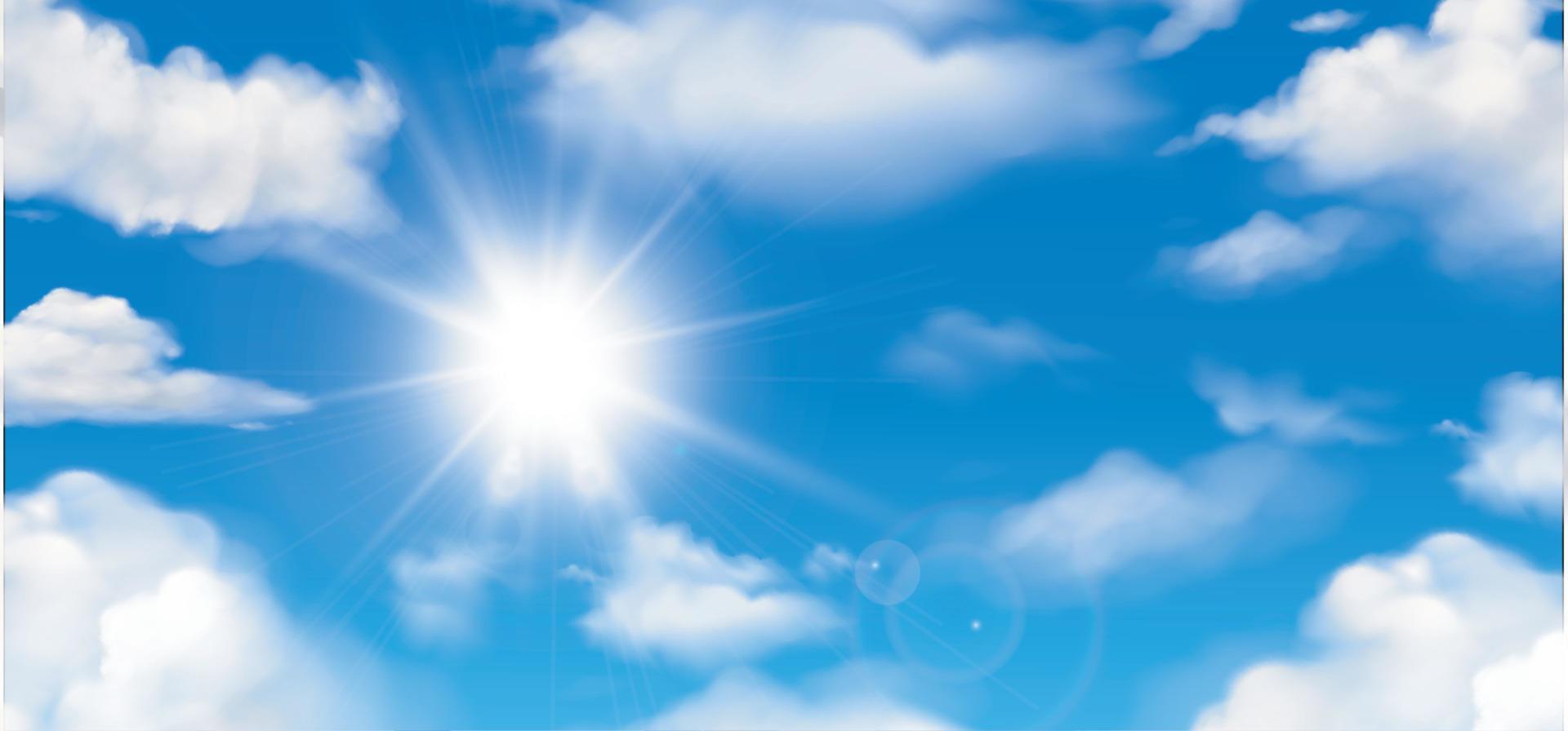 zonnige achtergrond, blauwe lucht met witte wolken en zon vector