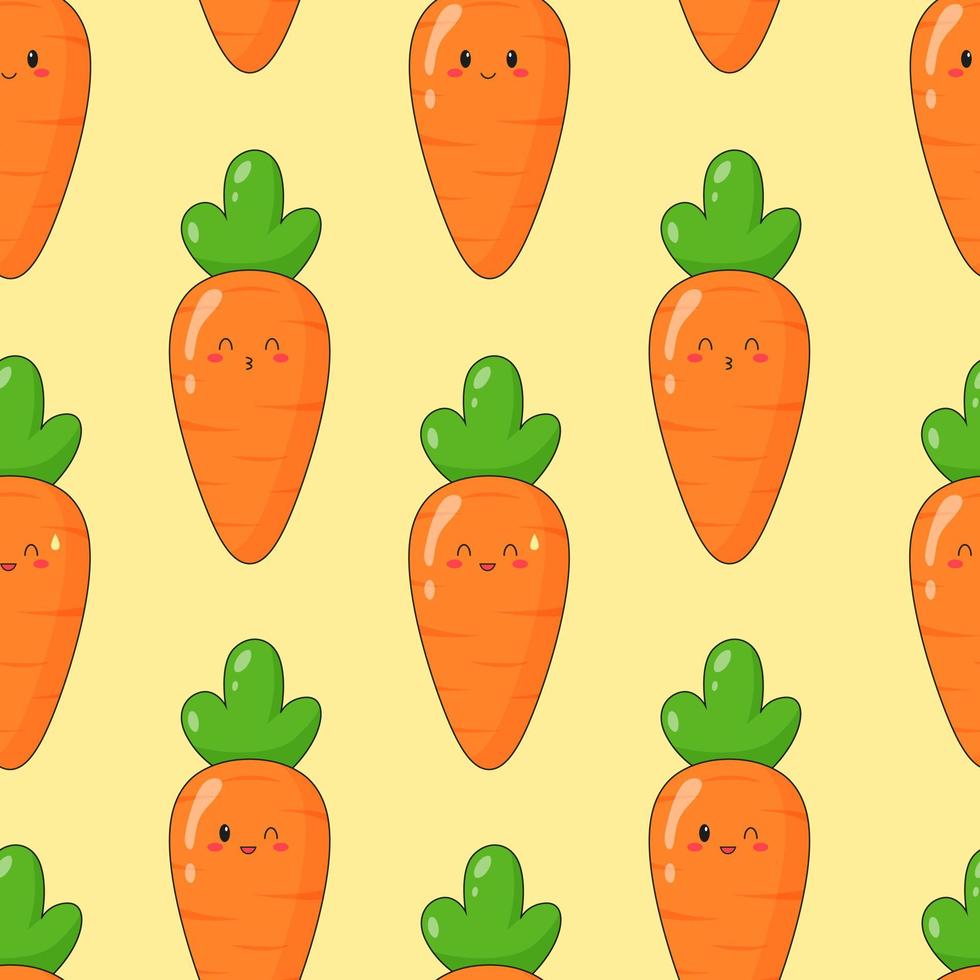 naadloze patroon van schattige kawaii wortel. plantaardige print met verschillende emoties van wortel. platte vectorillustratie. vector