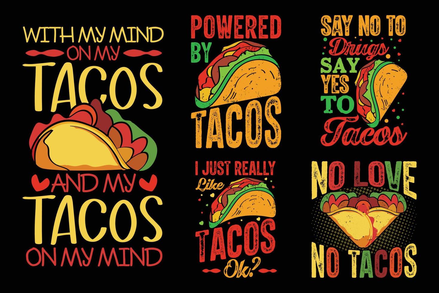taco's typografie belettering t-shirt ontwerpset met taco's grafische illustraties ontwerp vector