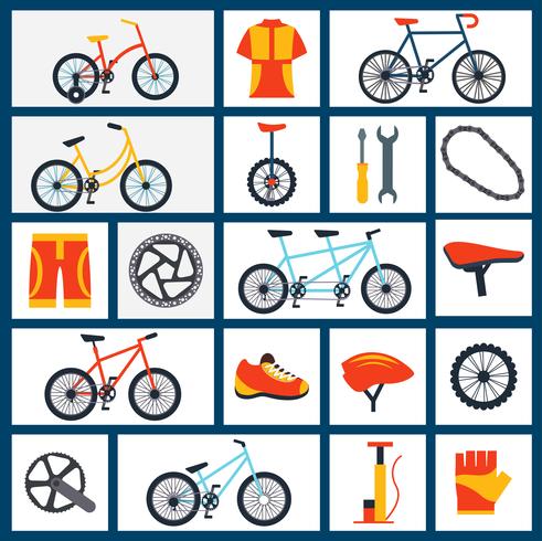 Fietsaccessoires plat pictogrammen instellen vector