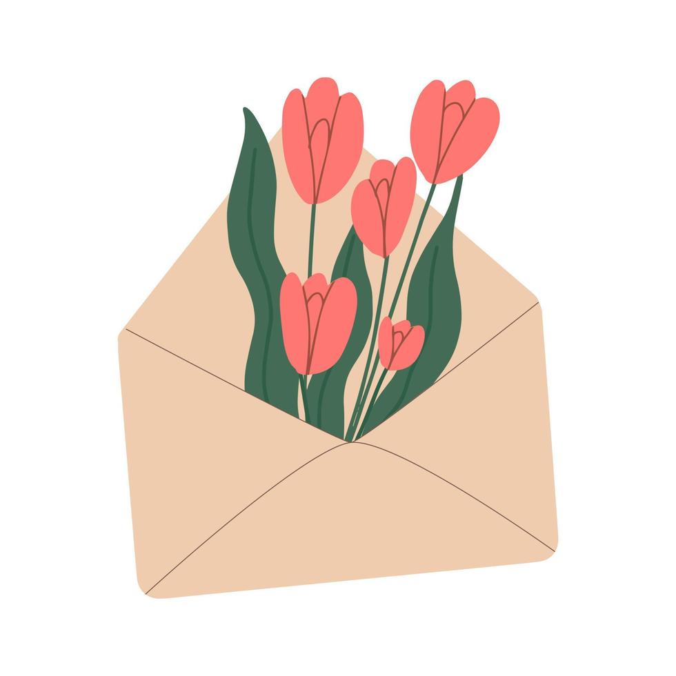 bloemen in een envelop. romantische date, relatieconcept. compositie of sticker ontwerpelementen. gekleurde platte vectorillustratie geïsoleerd op een witte achtergrond. vector