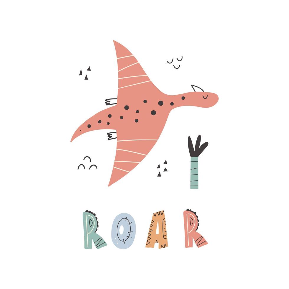 schattige dinosaurus met belettering. brul-slogan grafisch met grappige dinosauruscartoons. vector grappige belettering offerte met dino hand getekende illustratie voor wenskaart, print, stickers, posters design.