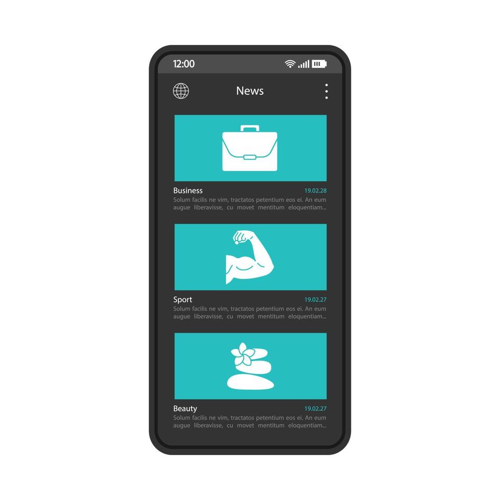 nieuwsportaal smartphone interface vector sjabloon. mobiele app blauwe ontwerplay-out. scherm met artikelenlijst. amusement inhoud. zaken, sport, schoonheidsnieuws. elektronische krant. platte ui. telefoon display