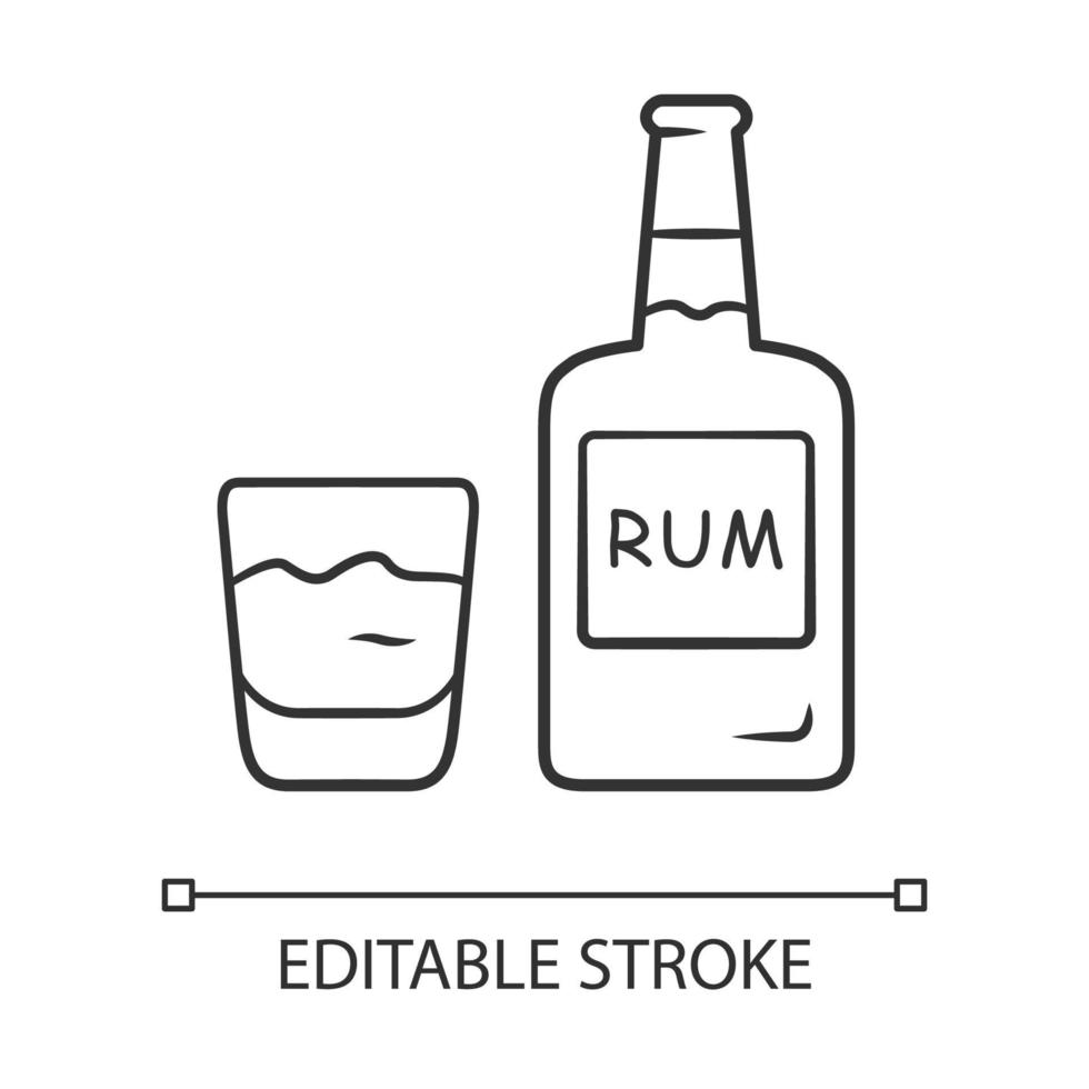 rum lineaire pictogram. fles en ouderwets glas met alcoholische drank. alcoholbar drank voor cocktails. dunne lijn illustratie. contour symbool. vector geïsoleerde overzichtstekening. bewerkbare streek