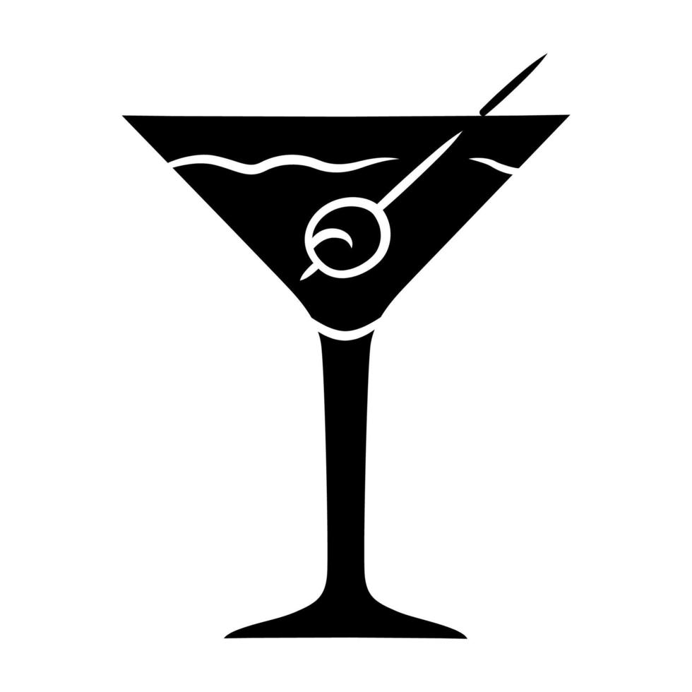 martini glyph-pictogram. footed glas met drankje en olijf. cocktail met gin en vermout. alcoholische drank. tuimelaar met mixdrank. silhouet symbool. negatieve ruimte. vector geïsoleerde illustratie