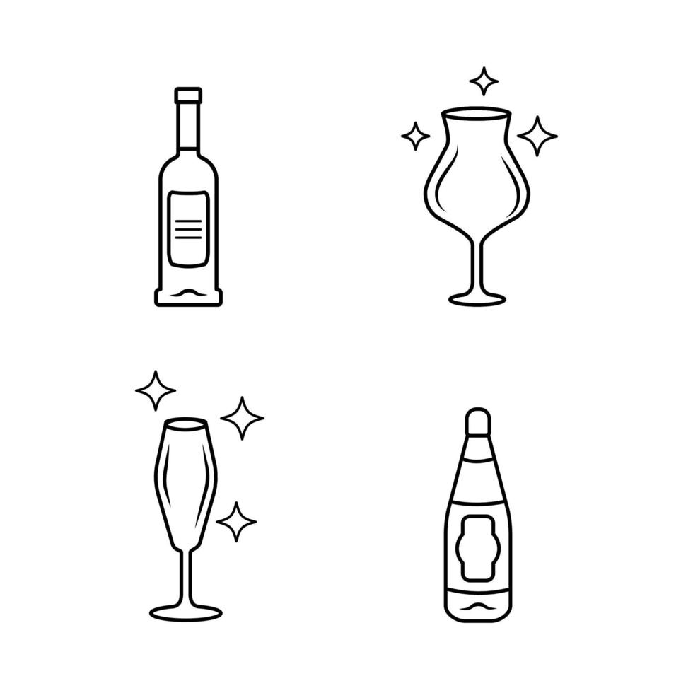 alcohol drinken glaswerk lineaire iconen set. wijn dienst. kristallen glazen vormen. rode wijnflessen met etiketten. dunne lijn illustratie. contour symbool. vector geïsoleerde overzichtstekening. bewerkbare streek