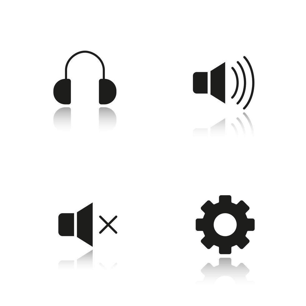 audiospeler-interface slagschaduw zwarte pictogrammen instellen. mute aan en uit knoppen, koptelefoon en instellingen symbolen. muziekspeler menu geïsoleerde vectorillustraties vector