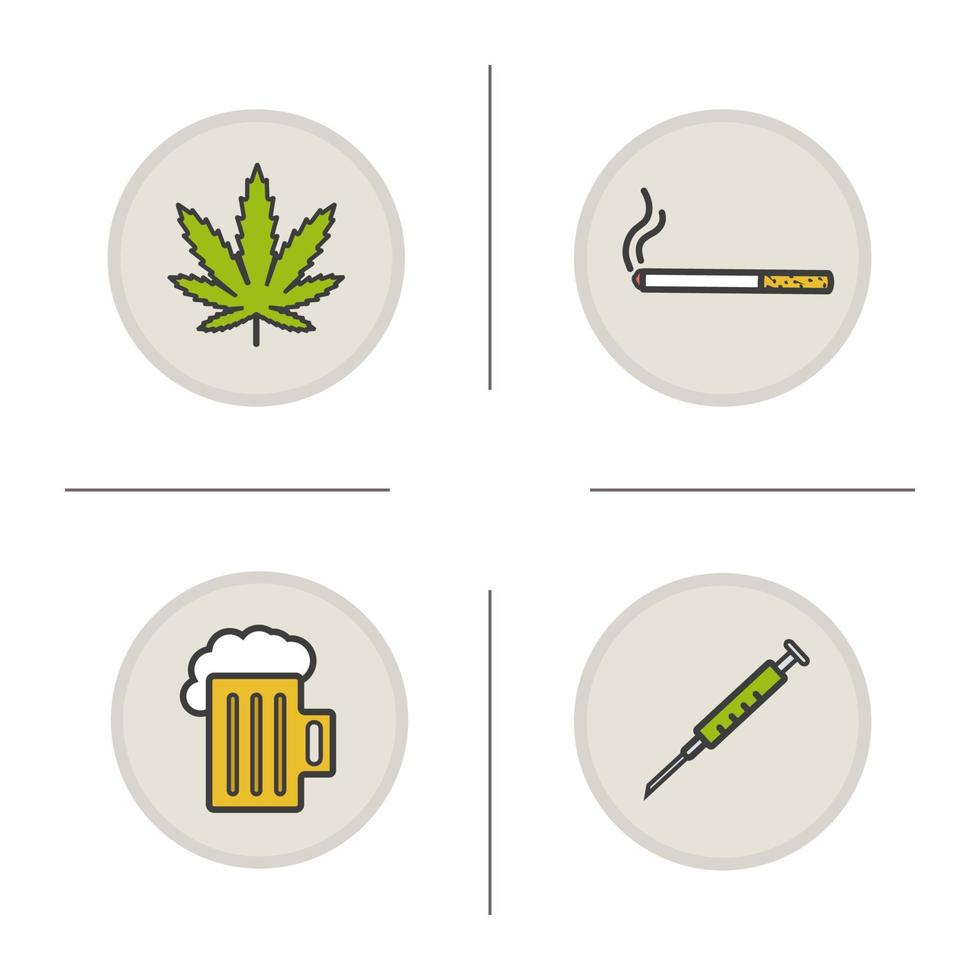 slechte gewoonten gekleurde pictogrammen instellen. verslavingen. marihuanablad, sigaret, schuimige bierpul, spuit. drugs, alcohol en roken symbolen. geïsoleerde vectorillustraties vector