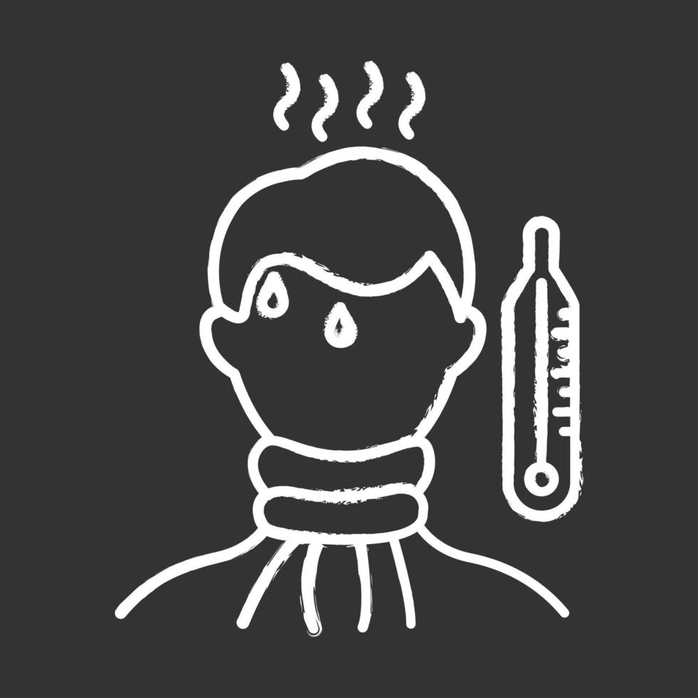 krijtpictogram op hoge temperatuur. koorts symptoom. ziekte, ziekte, man onwel. gezondheidszorg. griep, griep. ziek persoon. ernstige pijn. thermometer. grip behandeling. geïsoleerde vector schoolbordillustratie