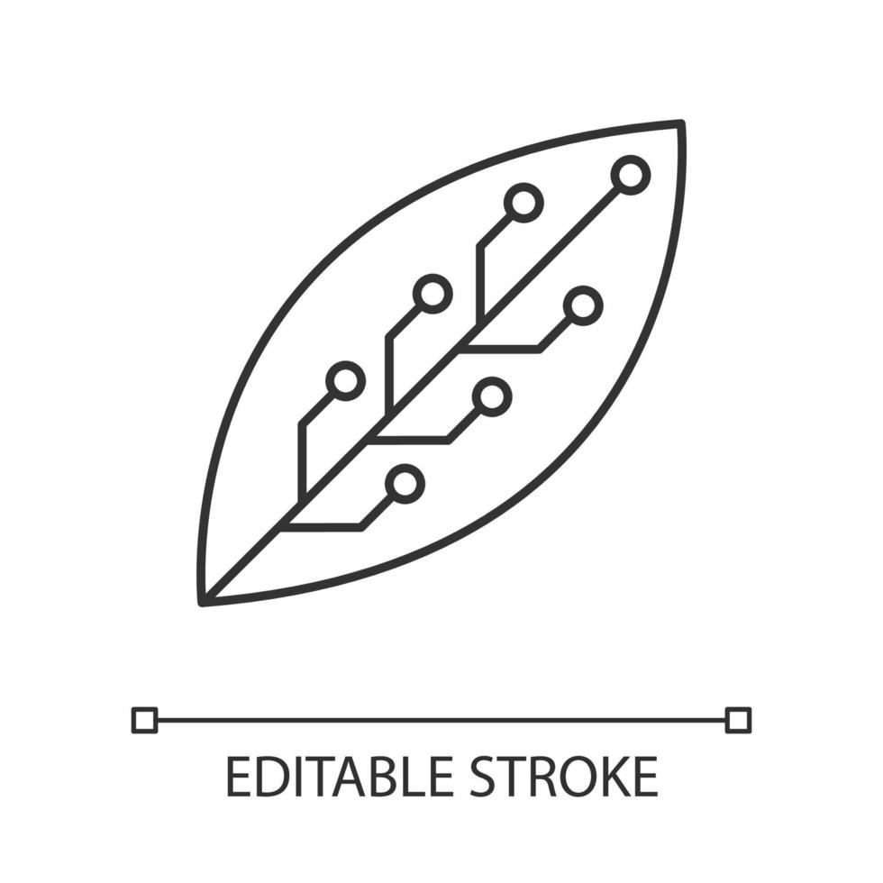 blad met microchip lineair pictogram. slimme landbouw. groene informatietechnologie. organische chemie. dunne lijn illustratie. contour symbool. vector geïsoleerde overzichtstekening. bewerkbare streek