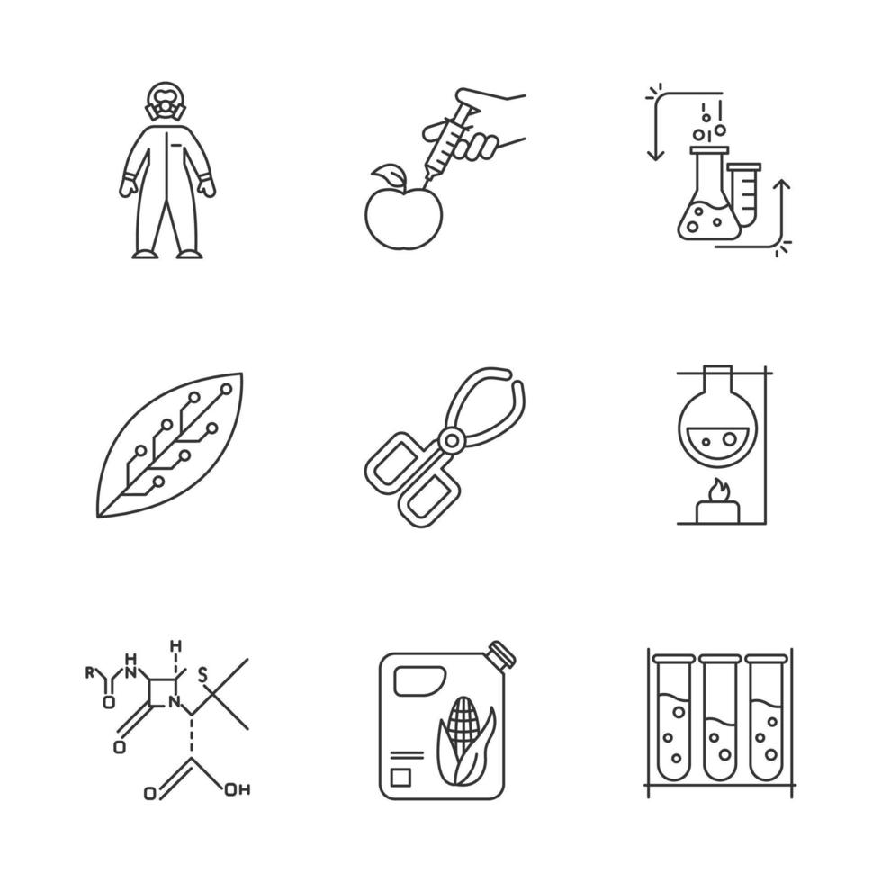 wetenschap lineaire pictogrammen instellen. biotechnologische apparatuur. experiment methode. werk in laboratorium. veranderende natuur. organische chemie. dunne lijn contour symbolen. geïsoleerde vectoroverzichtsillustraties. bewerkbare streek vector