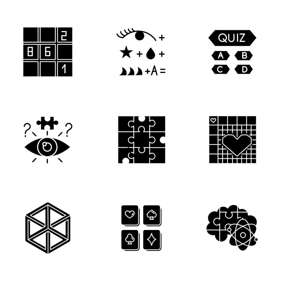 puzzels en raadsels glyph pictogrammen instellen. sudoku. trivia-quiz. nonogram. optische illusie. puzzel. logische spellen. mentale oefening. uitdaging. denkspelletje. silhouet symbolen. vector geïsoleerde illustratie