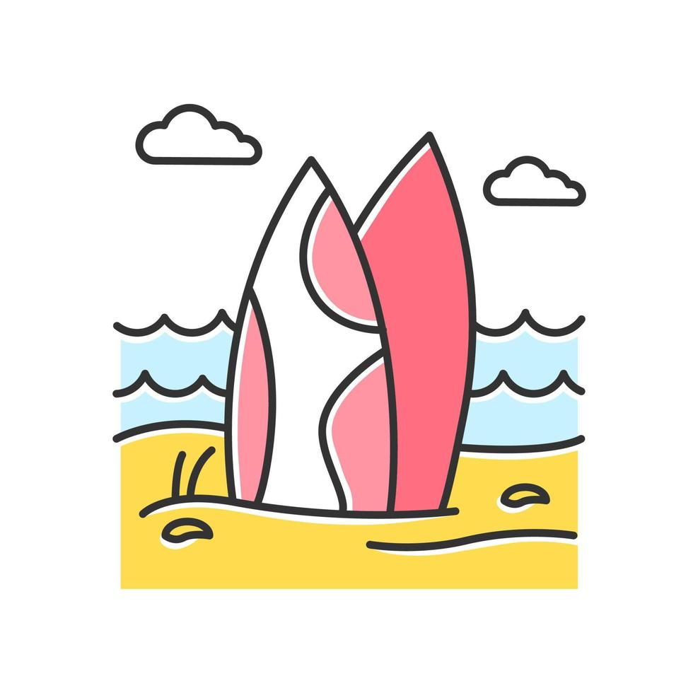 rode surfplanken op het strand kleur icoon. surfen zee golven. vakantiereis naar Indonesië. oceaan surfen activiteit. tropisch eiland zeekust. watersport uitrusting. geïsoleerde vectorillustratie vector