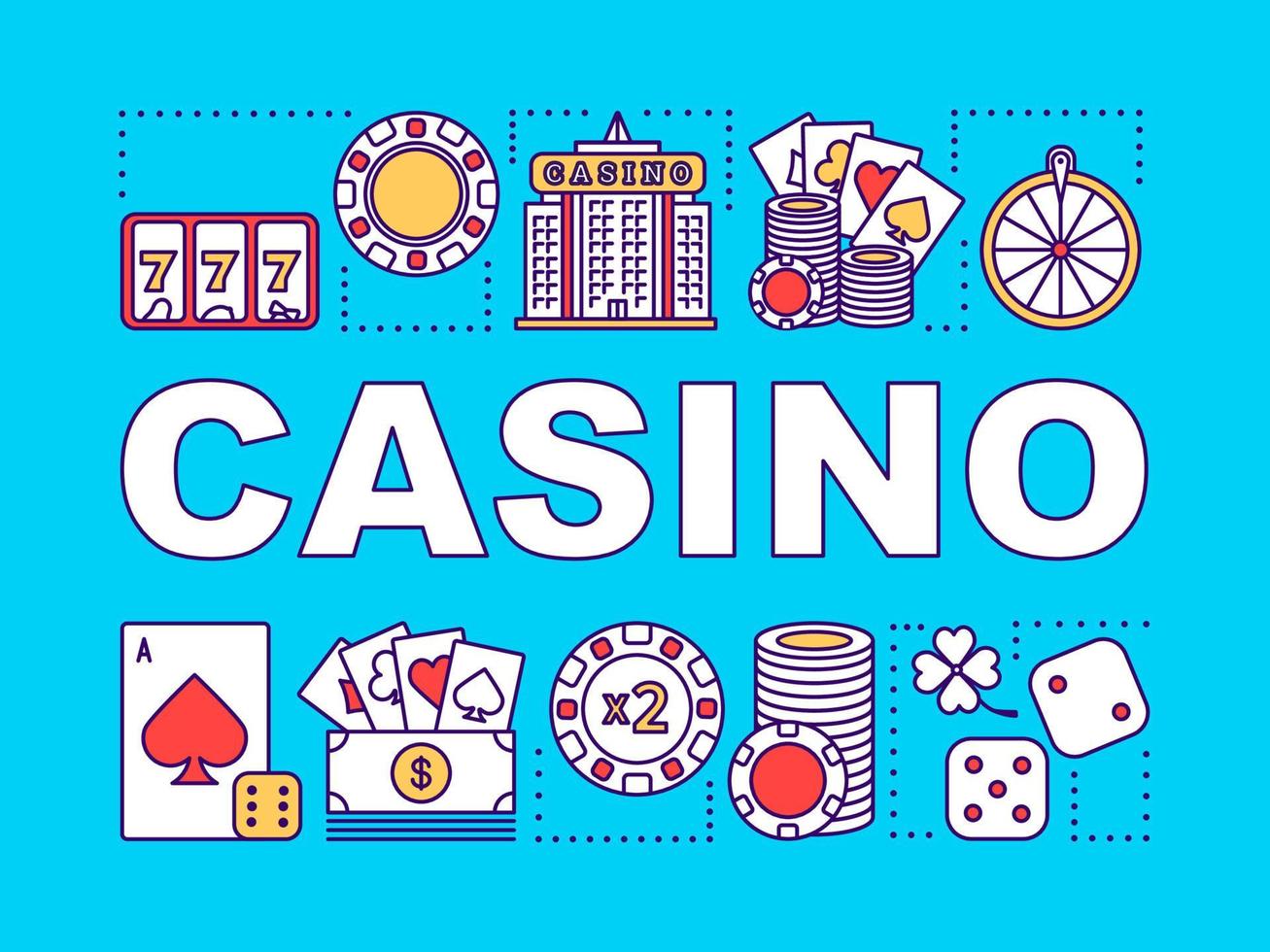 casino woord concepten banner. gokken. kansspelen. roulette, poker, gokautomaat. presentatie, website. geïsoleerde belettering typografie idee met lineaire pictogrammen. vector overzicht illustratie