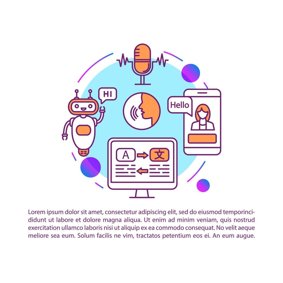 geautomatiseerde stem vertaalprogramma artikel pagina vector sjabloon. brochure, tijdschrift, boekje ontwerpelement met lineaire pictogrammen en tekstvakken. print ontwerp. conceptillustraties met tekstruimte