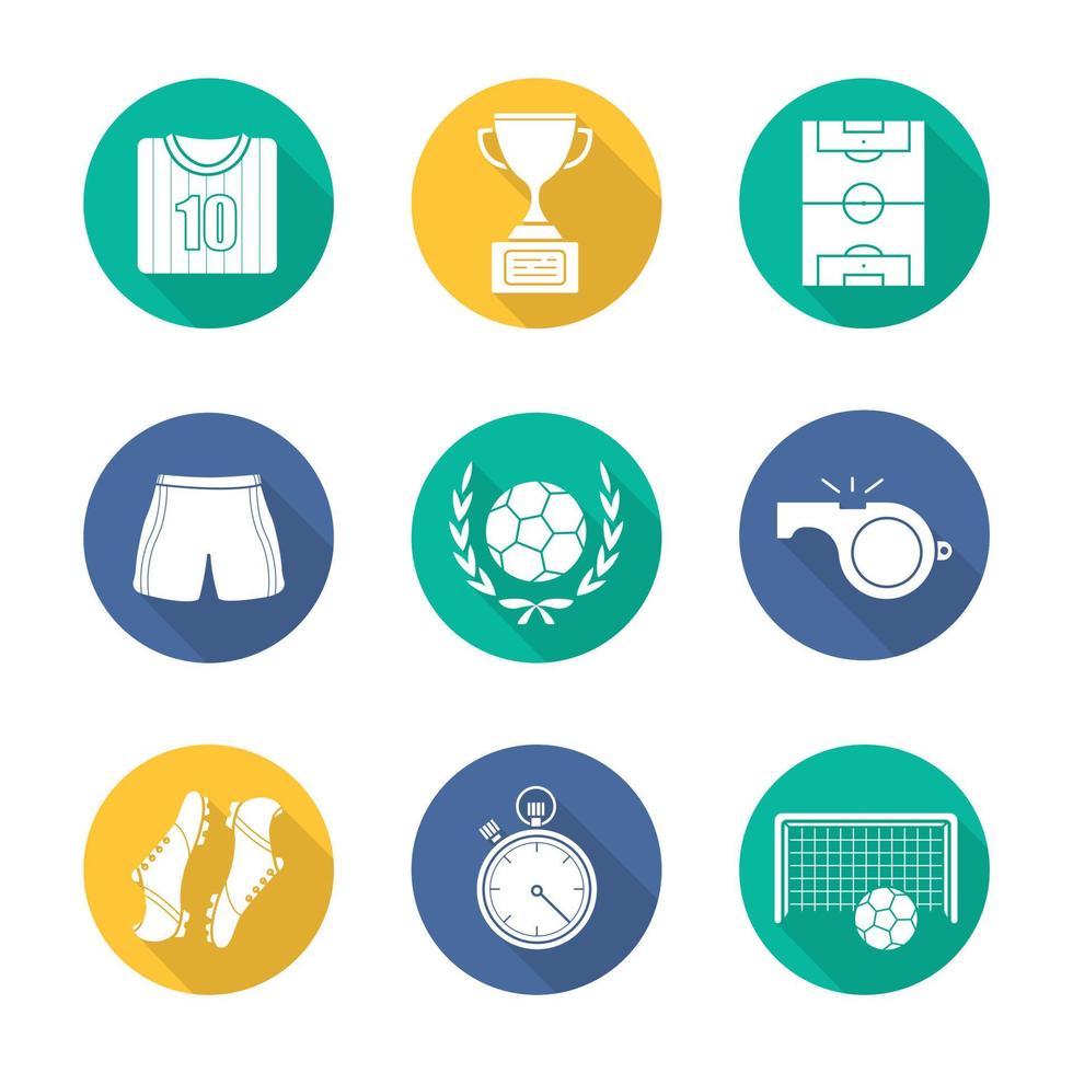 voetbal platte ontwerp lange schaduw iconen set. voetbal t-shirt, schoenen en shorts, veld, fluitje, stopwatch, poort, bal in lauwerkrans, winnaar gouden beker. vector silhouet illustratie