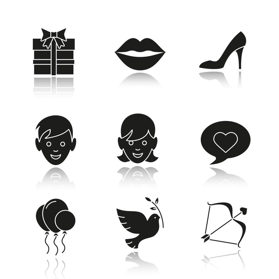 Valentijnsdag slagschaduw zwarte pictogrammen instellen. geschenkdoos, damesschoen, kus, jongen en meisje, liefdesboodschap, luchtballonnen, duif, cupido's pijl en boog. geïsoleerde vectorillustraties vector