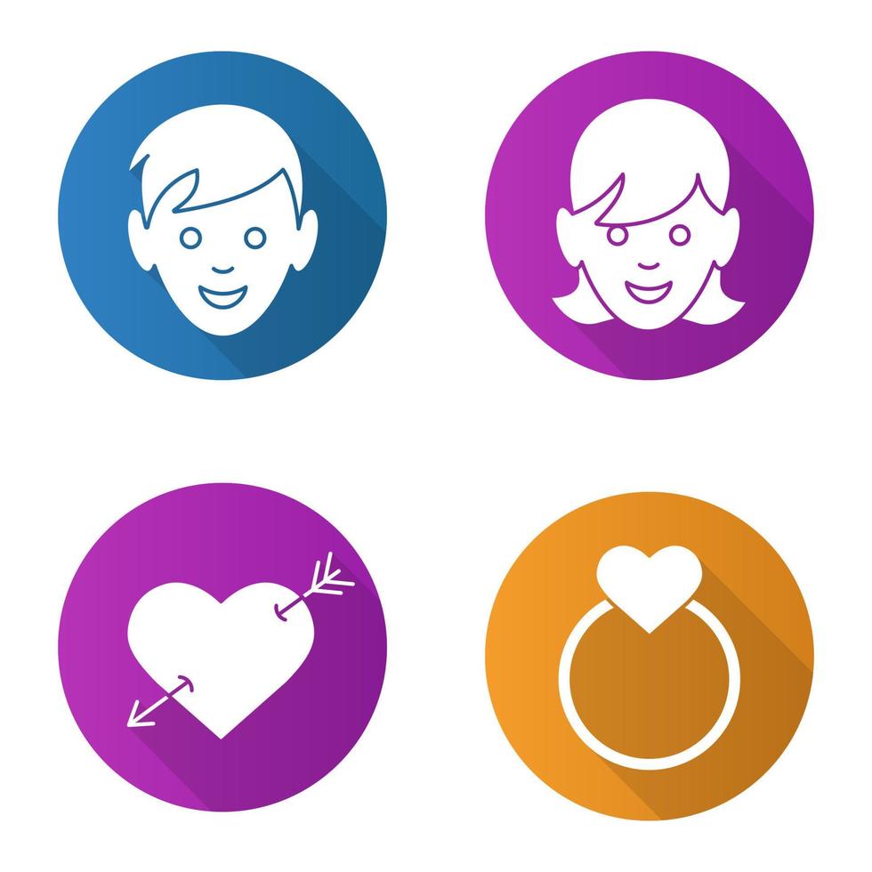 Valentijnsdag platte ontwerp lange schaduw iconen set. jongen en meisje, pijl doorborend hart, gouden trouwring met hart. vector silhouet illustratie