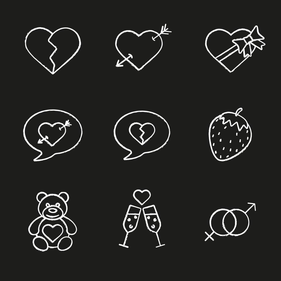 Valentijnsdag krijt pictogrammen instellen. liefdesverdriet, liefdesboodschappen, seks en erotische symbolen, champagne, teddybeer, pijldoorborend hart, snoepdoos. geïsoleerde vector schoolbord illustraties