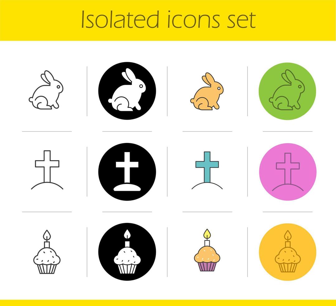 Pasen pictogrammen instellen. lineaire, zwarte en kleurstijlen. Pasen, kruis op heuvel, cake en kaars. geïsoleerde vectorillustraties vector