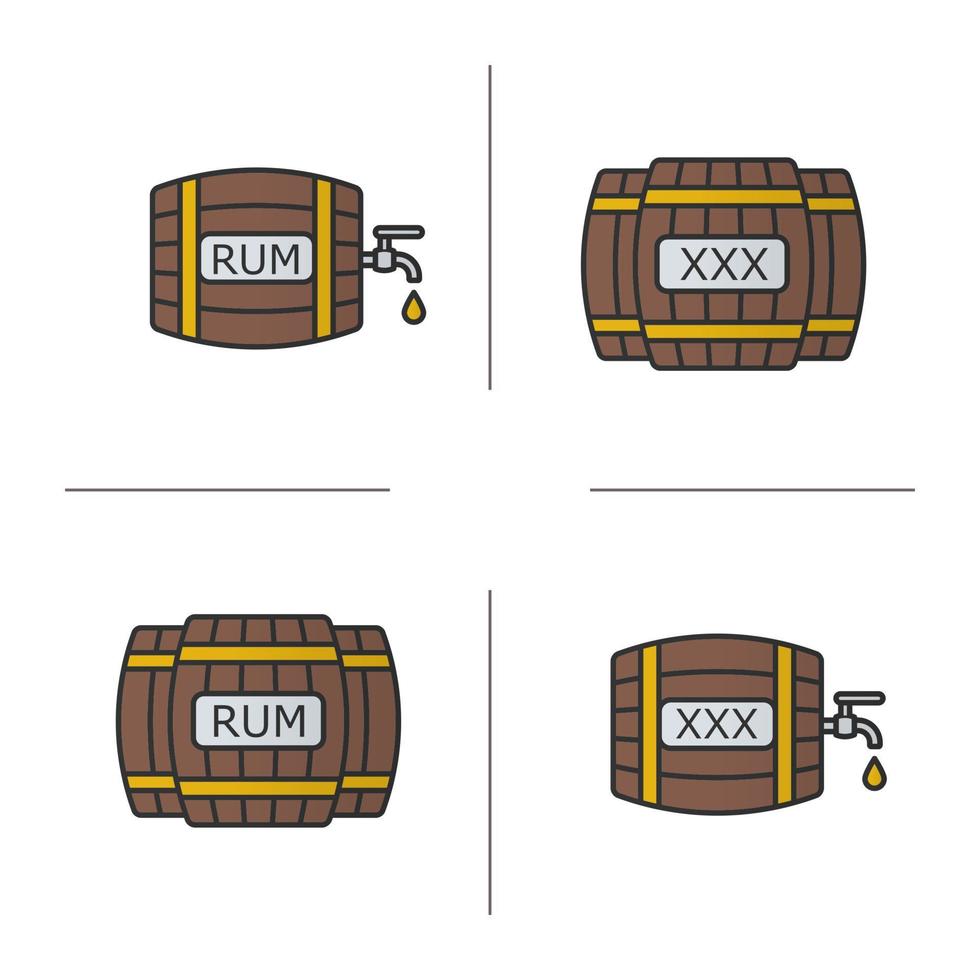 alcohol houten vaten gekleurde pictogrammen instellen. rum of whisky houten vaten met kraan, druppel en xxx teken. geïsoleerde vectorillustraties vector