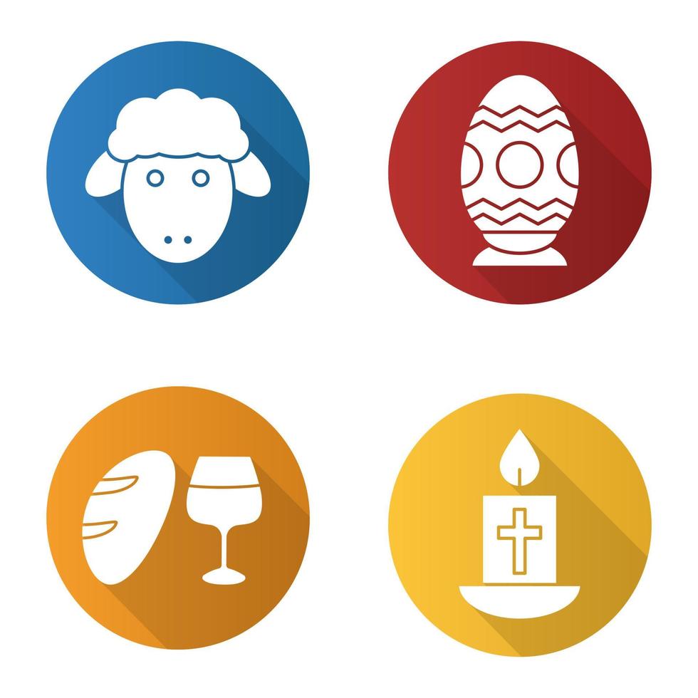 Pasen platte ontwerp lange schaduw iconen set. paasei, lam, kaars met kruis, brood en wijn. vector silhouet illustratie