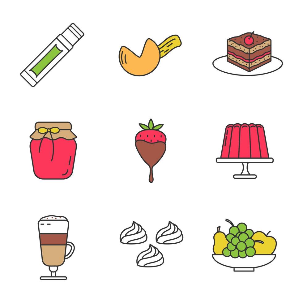 zoetwaren gekleurde pictogrammen instellen. kauwgomstick, gelukskoekje, tiramisu, bessenjam, aardbei in chocolade, pudding, koffie, meringues, fruit. geïsoleerde vectorillustraties vector