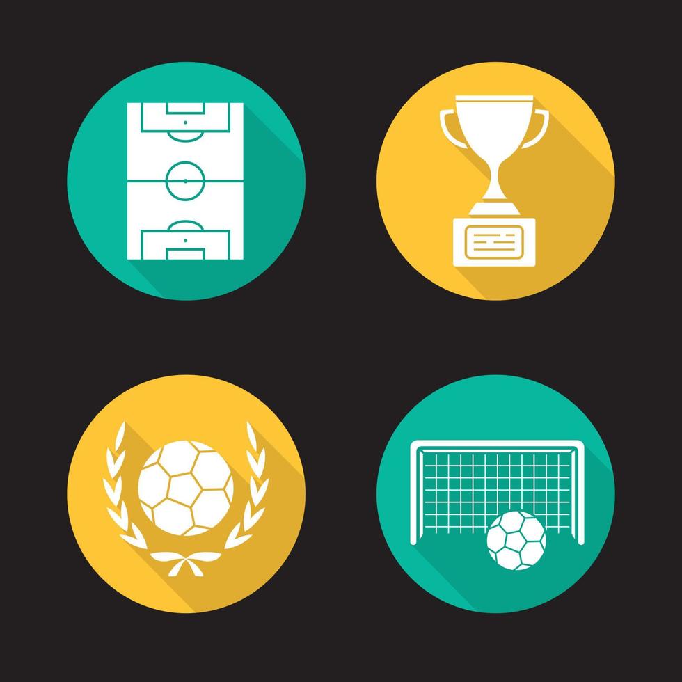 voetbalkampioenschap platte ontwerp lange schaduw iconen set. winnaarsbeker, voetbalbal in lauwerkrans, poorten en veld. vector silhouet illustratie