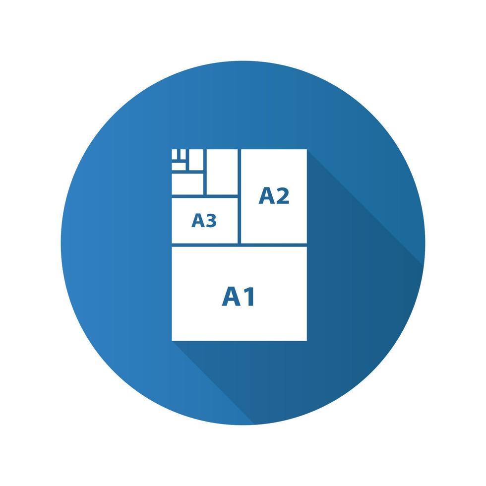 papierformaten plat ontwerp lange schaduw glyph pictogram. papier blad formaten. a3, a1, a2. vector silhouet illustratie