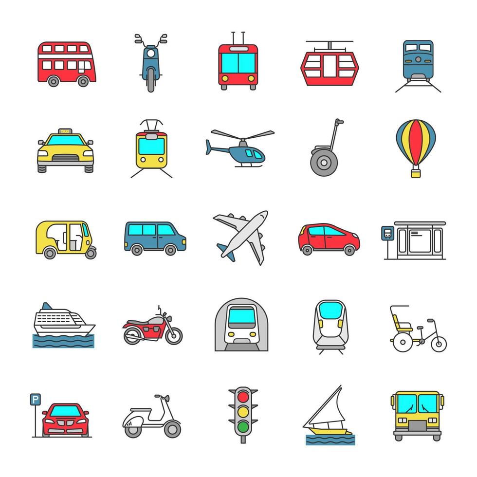 openbaar vervoer gekleurde pictogrammen instellen. water-, land- en luchtvoertuigen. soorten transport. geïsoleerde vectorillustraties vector