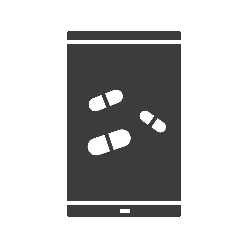 smartphone medische app glyph icoon. silhouet symbool. slimme telefoon met pillen. negatieve ruimte. vector geïsoleerde illustratie