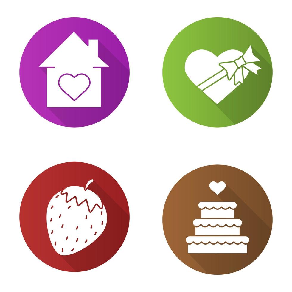 romantici platte ontwerp lange schaduw iconen set. huis met hartvorm, snoepdoos met strik en lint, aardbei, bruidstaart. vector silhouet illustratie
