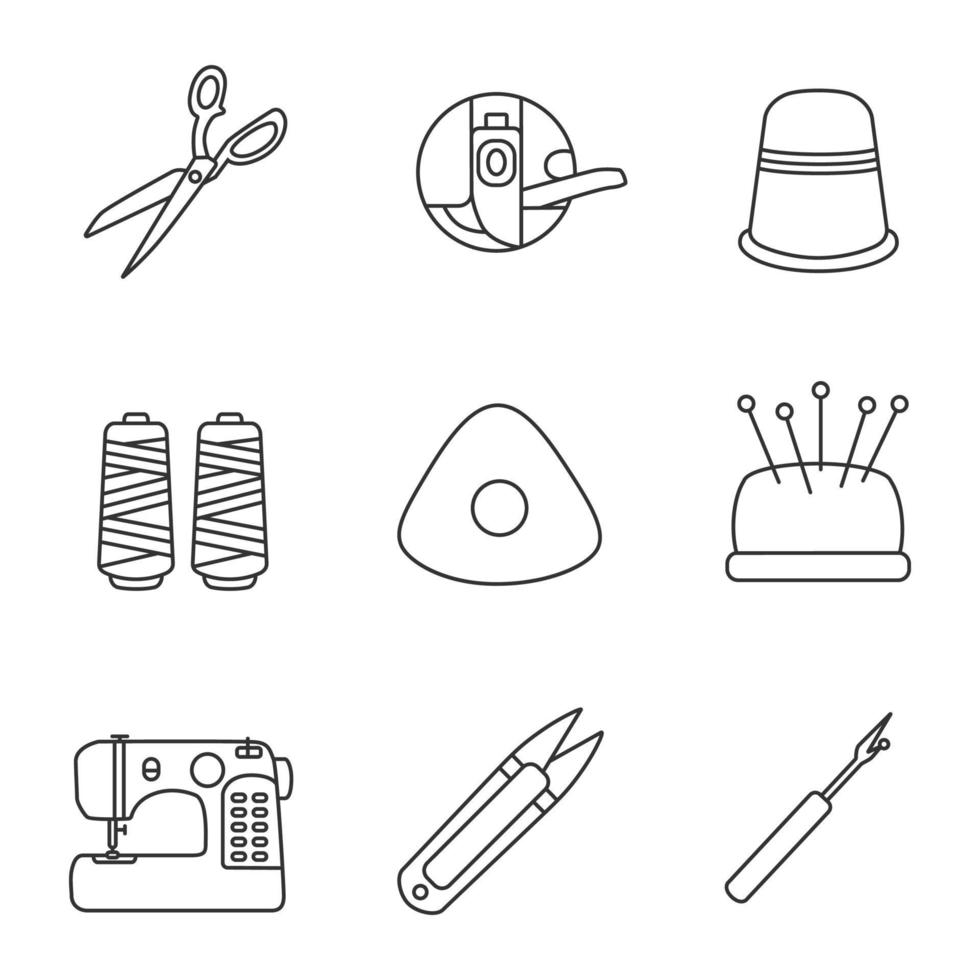 afstemming van lineaire pictogrammen instellen. stoffen schaar, spoel, vingerhoed, draadspoel, krijt, speldenkussen, naaimachine, tondeuse, tornmesje. dunne lijn contour symbolen. geïsoleerde vectoroverzichtsillustraties vector