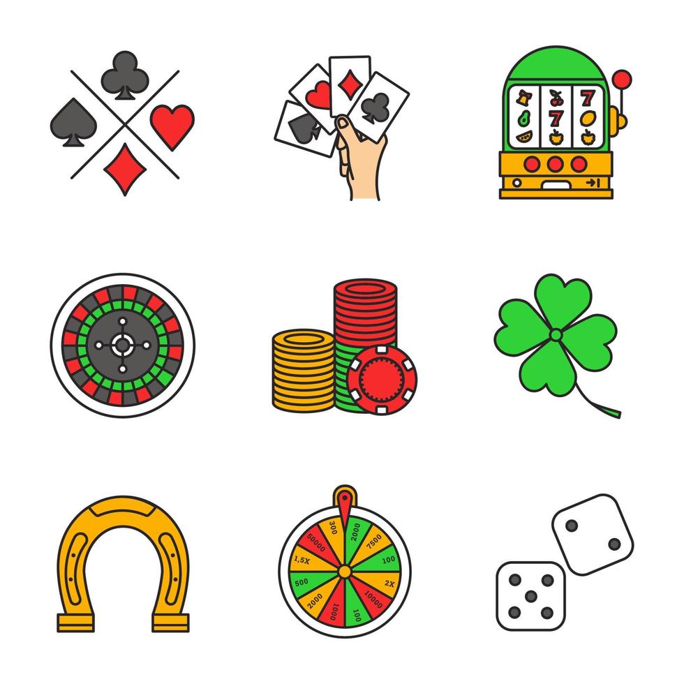 casino kleur pictogrammen instellen. kaarten pakken, vier azen, gokautomaat, roulette, rad van fortuin, gokfiche, dobbelstenen, klavertje vier, hoefijzer. geïsoleerde vectorillustraties vector