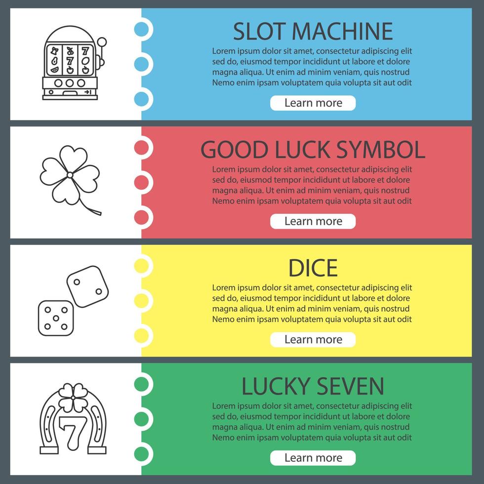 casino webbanner sjablonen instellen. gokautomaat, klavertje vier, dobbelstenen, geluks zeven. website kleur menu-items met lineaire pictogrammen. ontwerpconcepten voor vectorkoppen vector