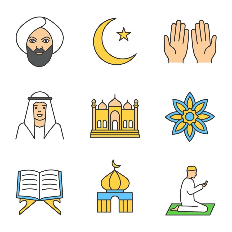 islamitische cultuur gekleurde pictogrammen instellen. moslim man, ramadan maan, islamitisch gebed, moskee, koranboek, moslimster. geïsoleerde vectorillustraties vector