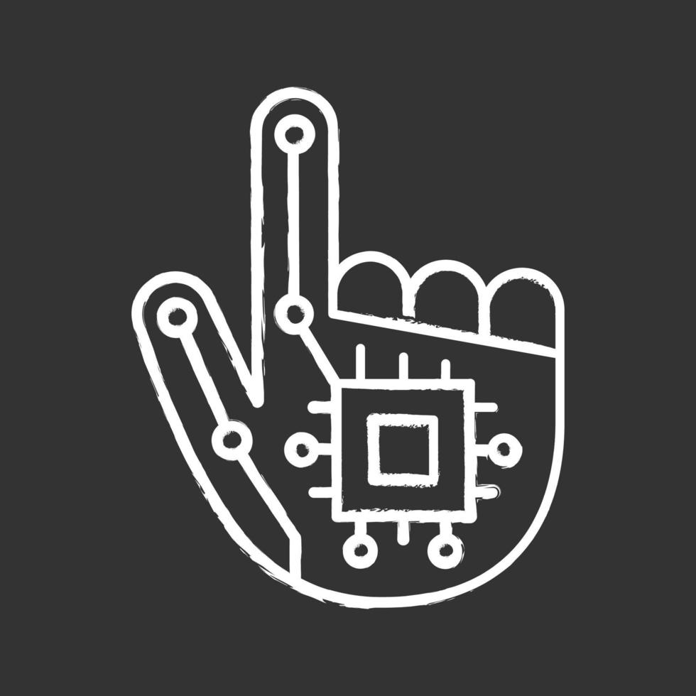 robot krijt handpictogram. nfc of rfid implantaat. digitale hand. microchip implantaat. geïsoleerde vector schoolbordillustratie