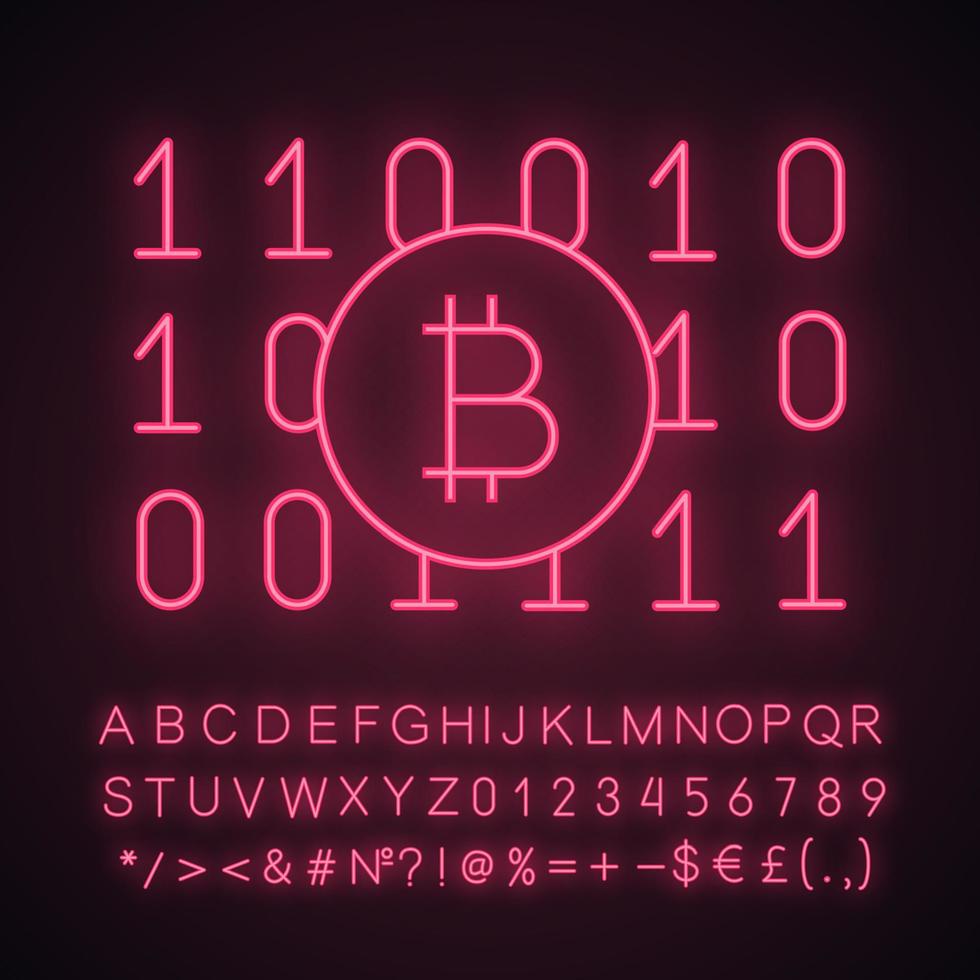 binaire code neonlichtpictogram. cryptogeld mijnbouw. digitaal geld. computergebruik. bitcoin op binaire code. gloeiend bord met alfabet, cijfers en symbolen. vector geïsoleerde illustratie