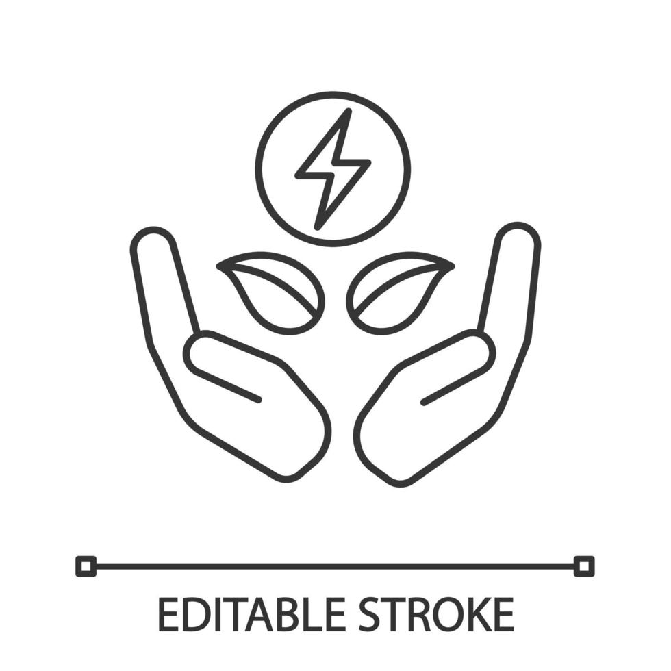 schone energie lineaire pictogram. dunne lijn illustratie. eco-kracht. hernieuwbare bronnen. groene energie. bliksemschicht en bladeren in handen. contour symbool. vector geïsoleerde overzichtstekening. bewerkbare streek