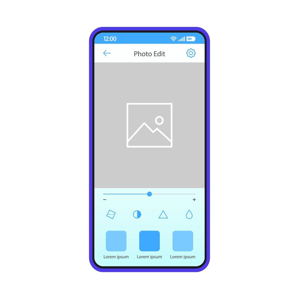 fotobewerking smartphone app vector sjabloon. mobiele applicatie-interface blauwe ontwerplay-out. foto-editie filtereffect scherm. platte ui. telefoonweergave met editor voor sociale media-berichten