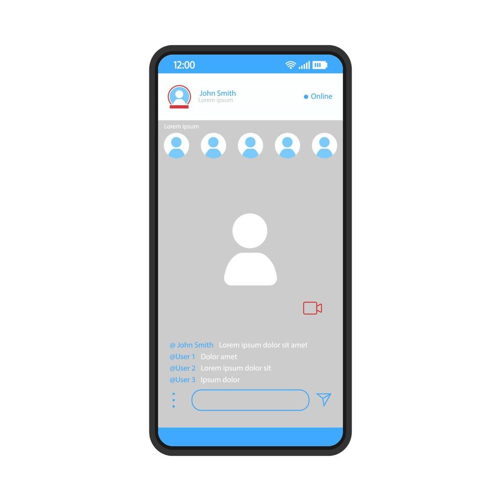 sociale media app smartphone interface vector sjabloon. lay-out van het ontwerp van de mobiele applicatiepagina. verhalen over sociale netwerken. platte ui voor messager. dialoog, gesprek. telefoondisplay met video-inhoudspost