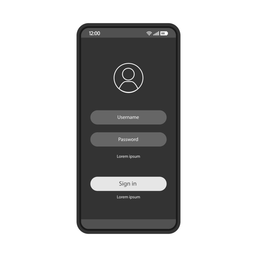 inloggen smartphone pagina vector sjabloon. mobiele app-interface zwarte ontwerplay-out. login, aanmeldscherm. platte ui. aanvraag registratie, machtiging. telefoondisplay met wachtwoord en gebruikersnaam