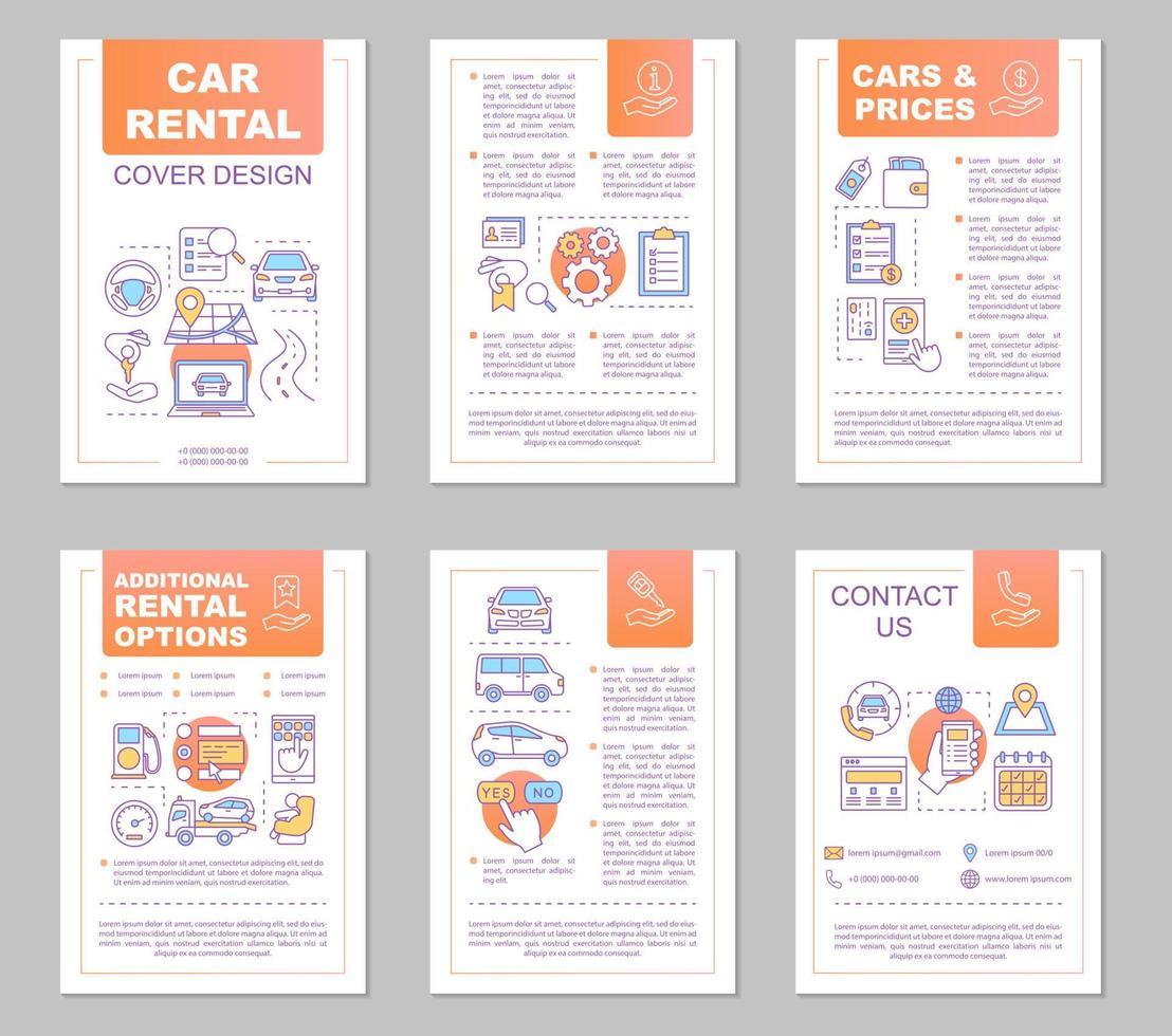 autoverhuur brochure sjabloon lay-out. huur een auto. autolease opties, prijzen. flyer, boekje, folder printontwerp met lineaire illustraties. vectorpaginalay-outs voor tijdschriften, rapporten, posters vector