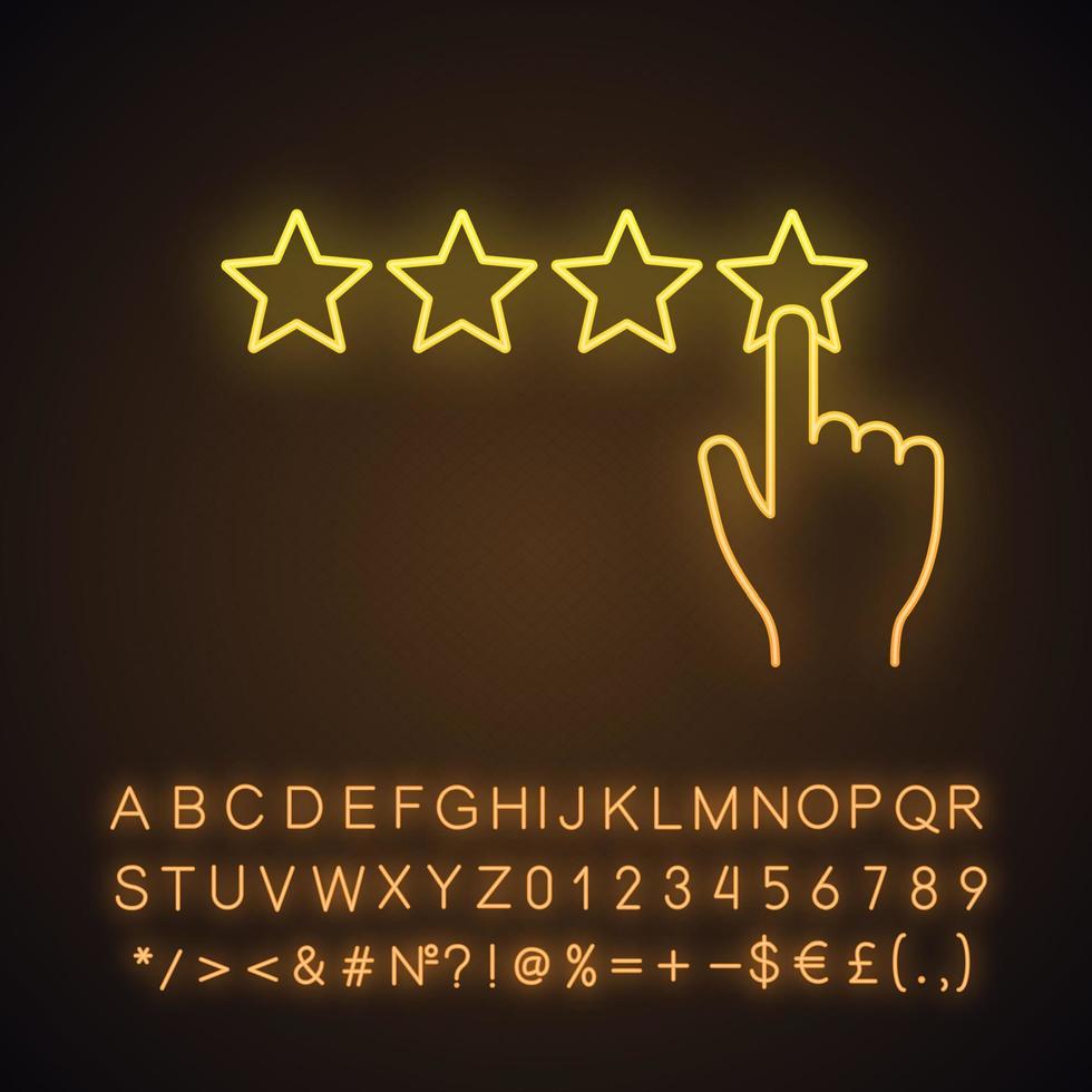 neonlichtpictogram met vijf sterren. klant uitstekende beoordeling en feedback. hoge ranking. klanttevredenheid. gloeiend bord met alfabet, cijfers en symbolen. vector geïsoleerde illustratie