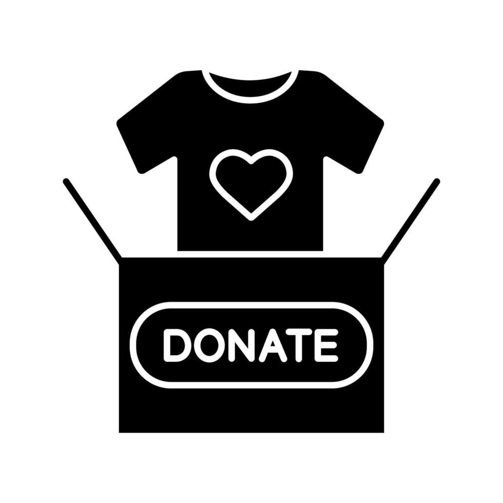 kleding doneren glyph icoon. liefdadigheid silhouet symbool. donatie box met t-shirt. gebruikte kleding. negatieve ruimte. vector geïsoleerde illustratie
