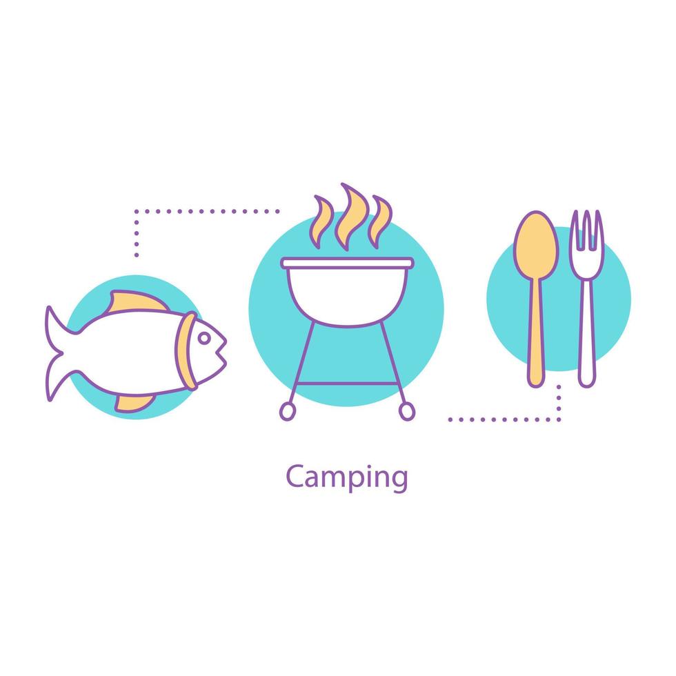 camping concept icoon. openluchtrecreatie idee dunne lijn illustratie. barbecue. vector geïsoleerde overzichtstekening