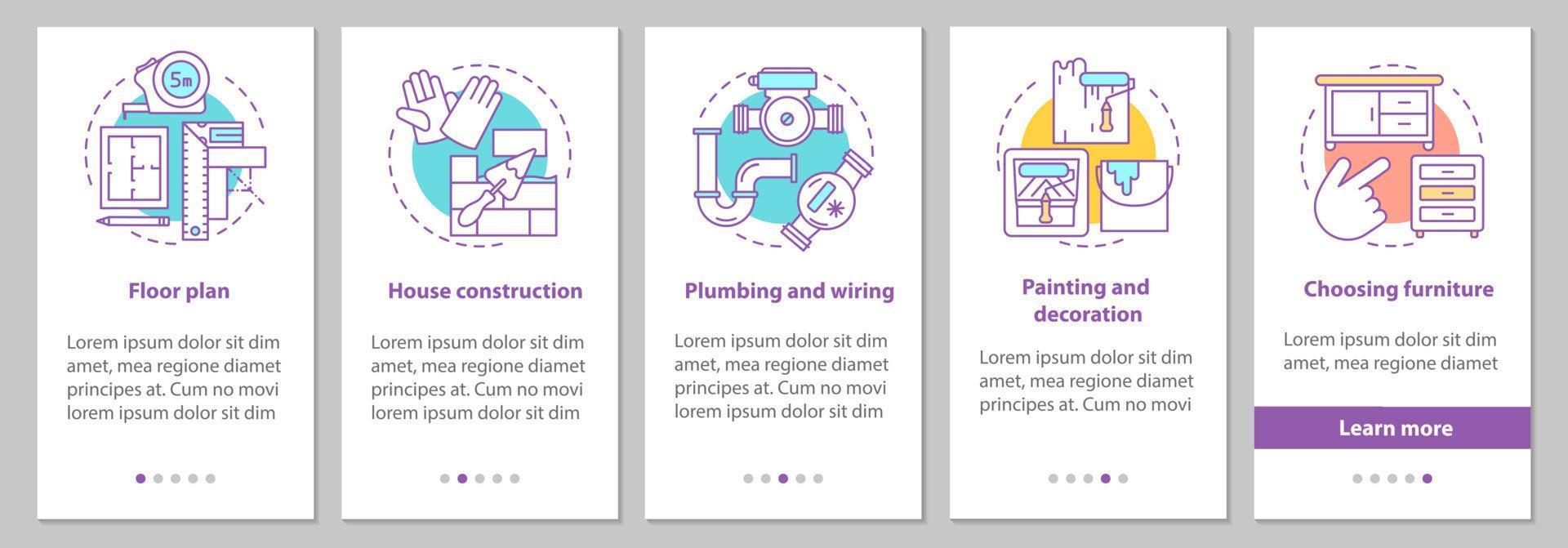 huis bouwen onboarding mobiele app paginascherm met concepten. plattegrond, constructie, bedrading en sanitair, meubelstappen grafische instructies. ux, ui, gui vectorsjabloon met illustraties vector