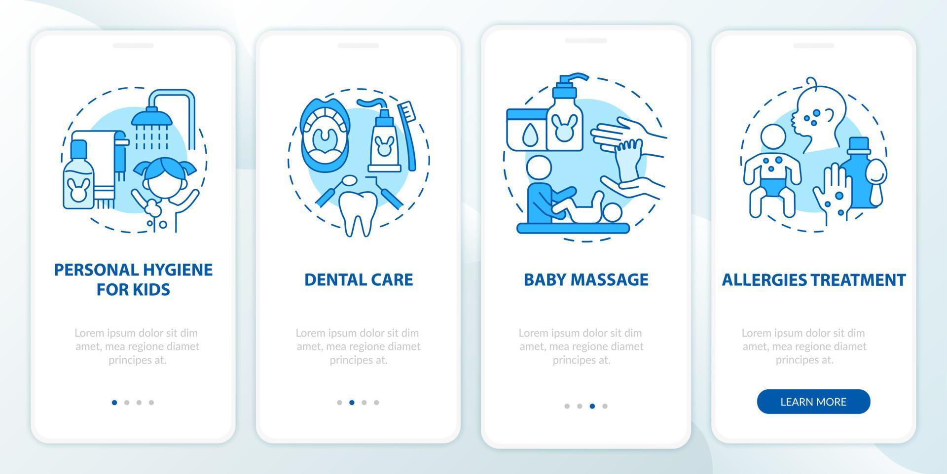 babyverzorging blauw onboarding mobiel app-paginascherm. kind lichamelijke gezondheid walkthrough 4 stappen grafische instructies met concepten. ui, ux, gui vectorsjabloon met lineaire kleurenillustraties vector