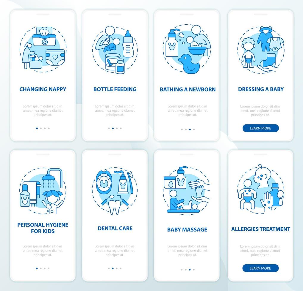 opvoeden van kind blauwe onboarding mobiele app-paginaschermset. gezondheidszorg en hygiëne 4 stappen grafische instructies met concepten. ui, ux, gui vectorsjabloon met lineaire kleurenillustraties vector